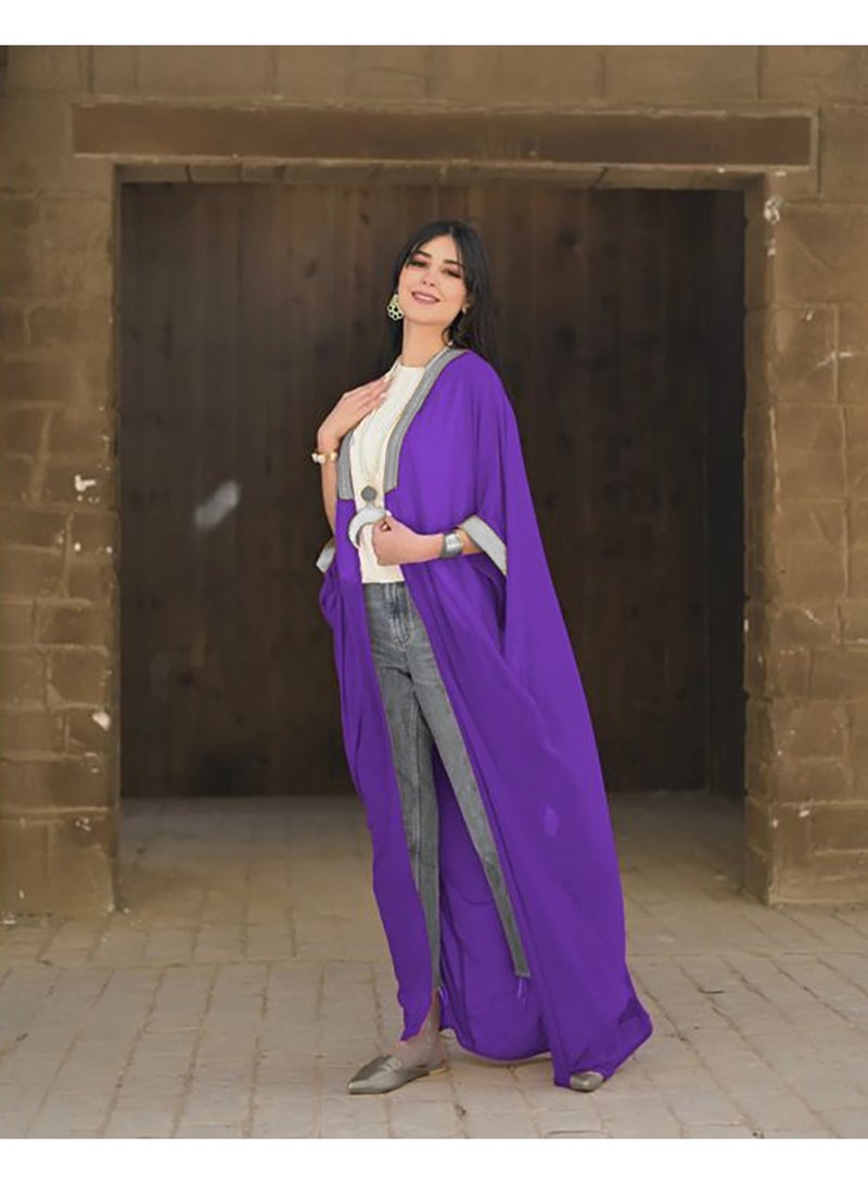 SunSet Kaftan Abaya Silver Embroidered Chiffon Sunset PURPLE - Image 2